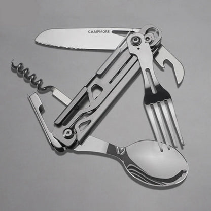 Multi-Function Outdoor Tableware: Portable Foldable Cutlery Set with Knife, Fork, Spoon, and Bottle Opener - Camping Equipment Essential