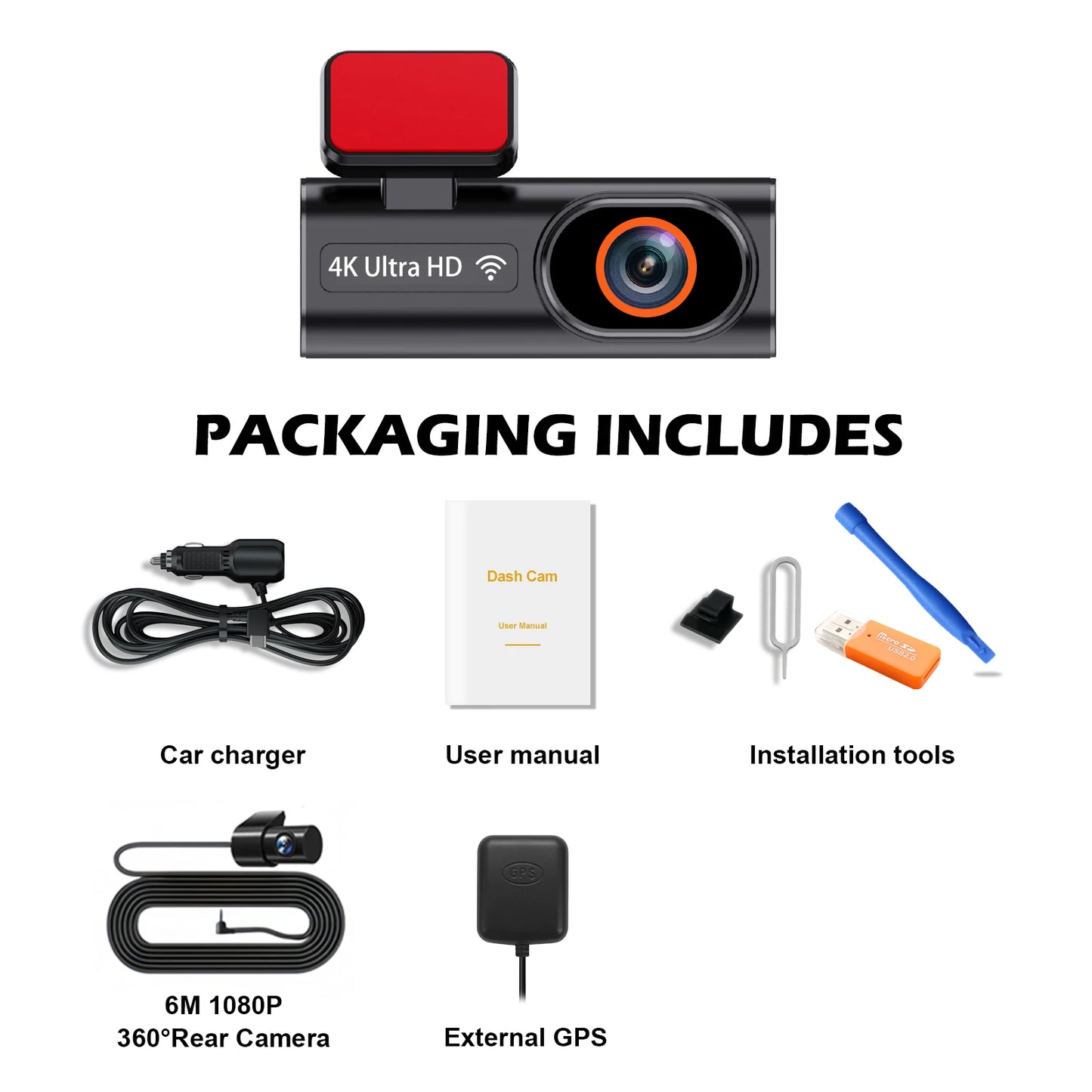 Aprilboy K6 4K WIFI Dash Cam - Front & Rear Dual Lens, 1080P Night Vision, Parking Monitor, Mini Car DVR