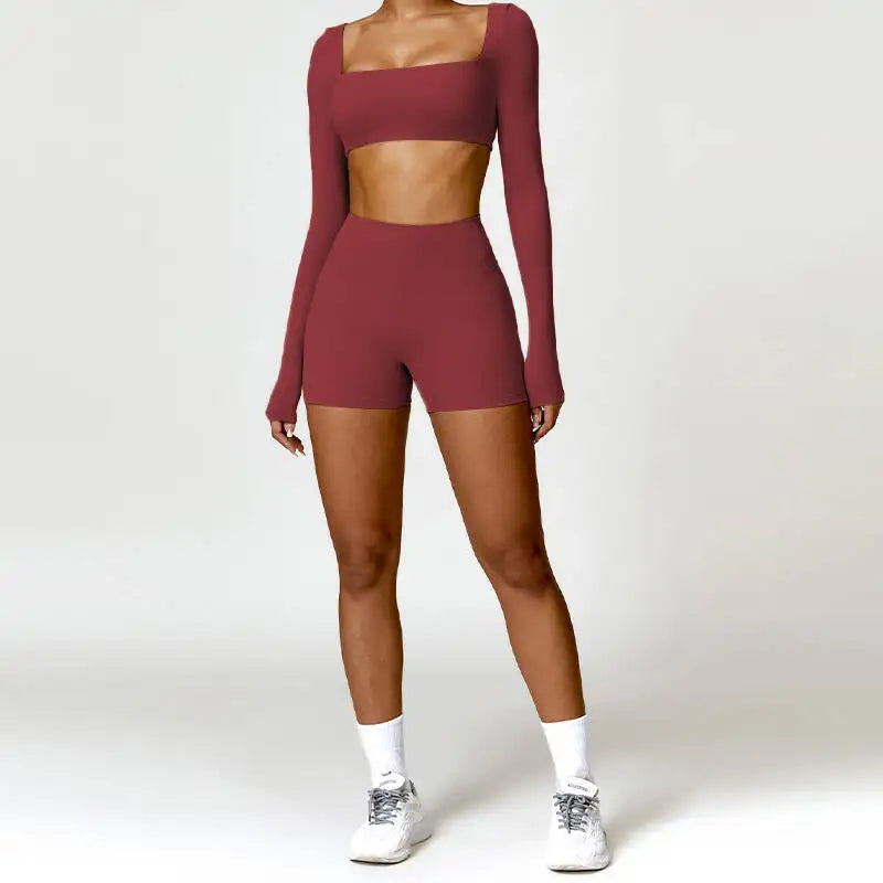Hearuisavy 2PCS Long Sleeve Gym Set for Women, Quick-Drying Yoga Clothes, Sportswear, Running Leggings, Workout Sports Crop Top