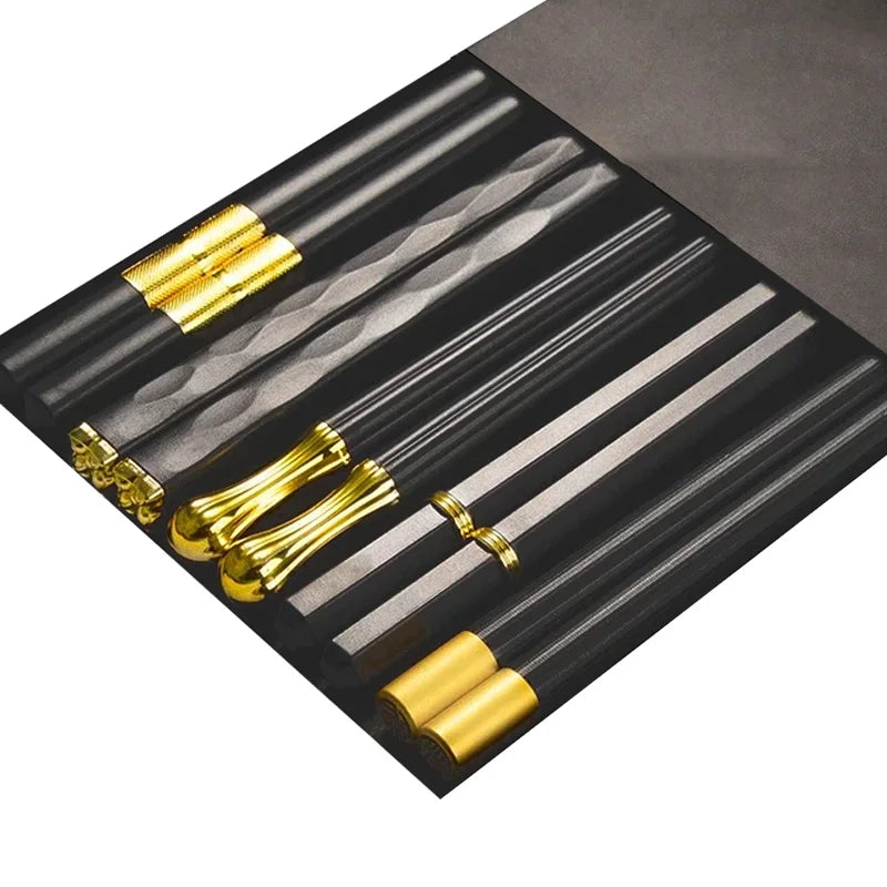 5 Pairs Japanese Reusable Chopsticks – Black Sushi Sticks for Food, Noodles, Alloy Chinese & Korean Kitchen Tableware