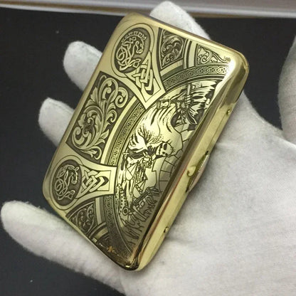 Retro Brass Cigarette Case - Double Gun Carved Pattern, Durable Anti-Pressure Tobacco Storage Box, Men’s Smoking Accessory