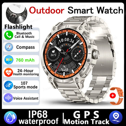 Military Smartwatch for Men – 760mAh Battery, LED Flashlight, Compass, 1.8" HD Screen, Heart Rate, Waterproof, BT Call