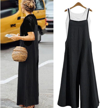 Women’s Summer Wide Leg Jumpsuit Overalls – Solid Color Sleeveless Cotton Linen Bib Dungaree, Casual Loose Fit Plus Size 5XL