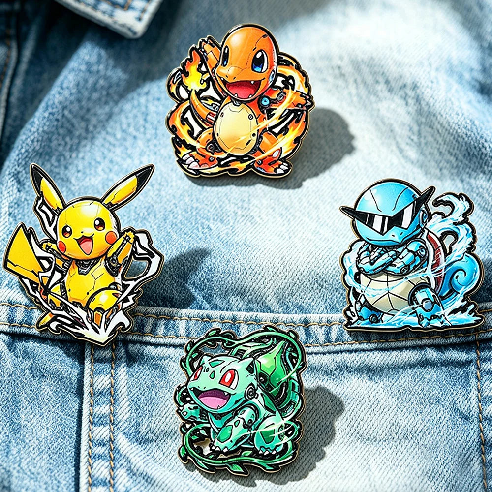 4-Piece Pokémon Enamel Pin Set - Charmander, Bulbasaur & Squirtle Metal Brooch Badges for Backpacks and Anime Fans