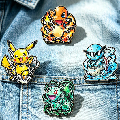 4-Piece Pokémon Enamel Pin Set - Charmander, Bulbasaur & Squirtle Metal Brooch Badges for Backpacks and Anime Fans