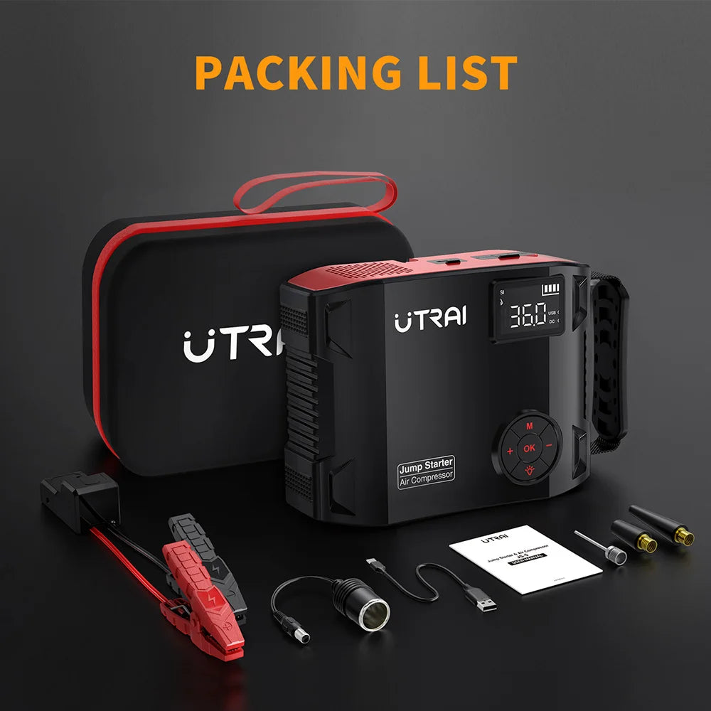 UTRAI 4-in-1 Car Jump Starter Power Bank - 2000A Battery Booster with 16000mAh Capacity, 150PSI Air Compressor Tire Inflator & Portable Charger