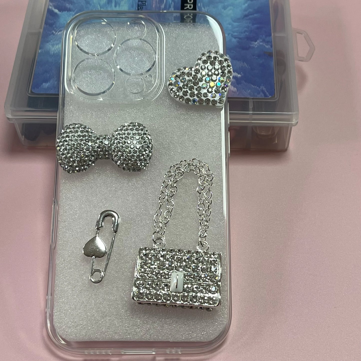 2Pcs Metal Full Diamond Bow Heart Mirror Handbag & Parfum Bottle Phone Case Decoration – Flat Back DIY Craft Accessories