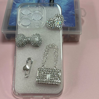 2Pcs Metal Full Diamond Bow Heart Mirror Handbag & Parfum Bottle Phone Case Decoration – Flat Back DIY Craft Accessories