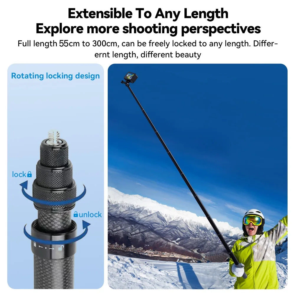 3M Carbon Fiber Selfie Stick - Compatible with Insta360 X3, ONE X2, RS & GoPro Hero 11, 10, 9, 8, DJI OSMO Action