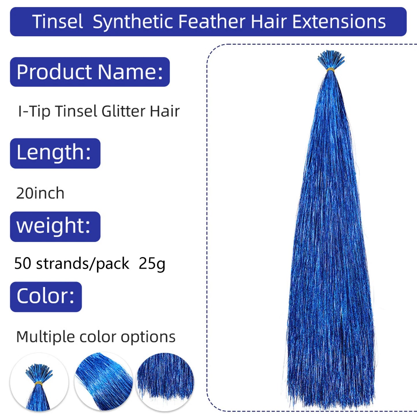 50PCS I-Tip Glitter Hair Extensions - Synthetic Fairy Tinsel Hair Strands for Women & Girls Party Hair Accessories