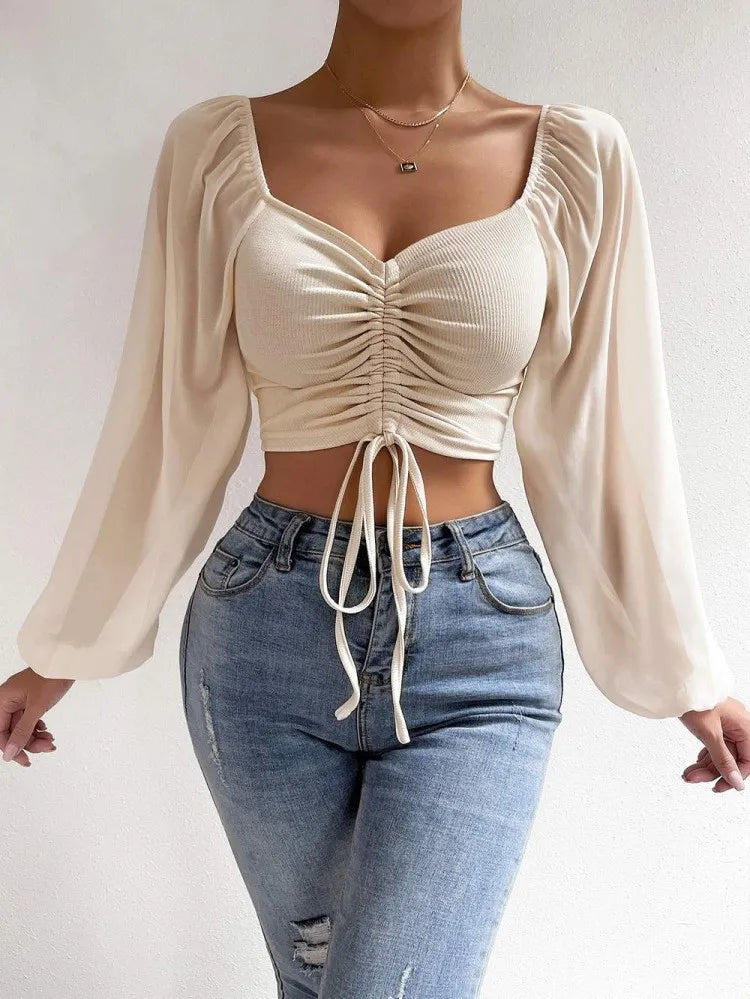 Woman’s Lace-Up V-Neck Tops: Sexy Close-Fitting Puff Sleeve Fashion - Solid Color Simple Long Sleeve for Hot Summer and Spring