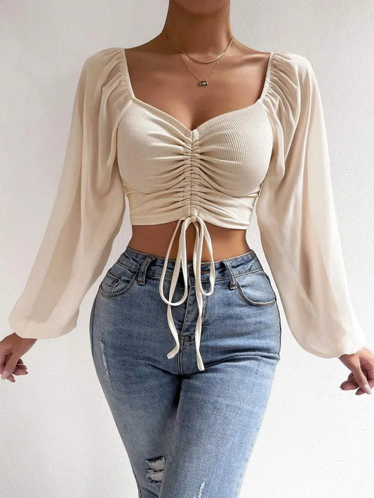 Woman’s Lace-Up V-Neck Tops: Sexy Close-Fitting Puff Sleeve Fashion - Solid Color Simple Long Sleeve for Hot Summer and Spring