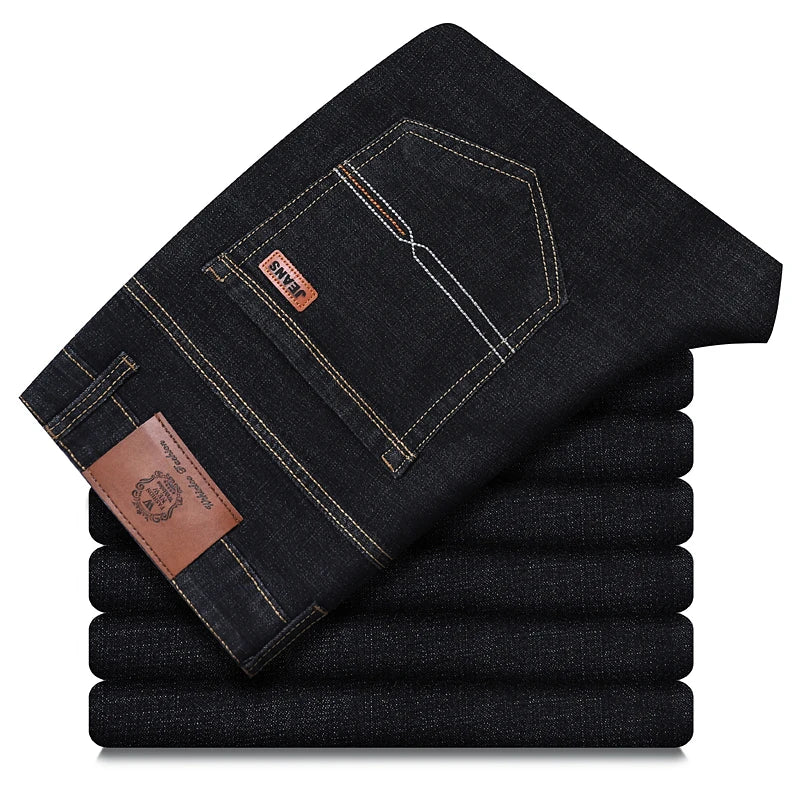 Men's Classic Stretch Jeans - Business Casual Straight Leg Denim Work Trousers in Blue & Black