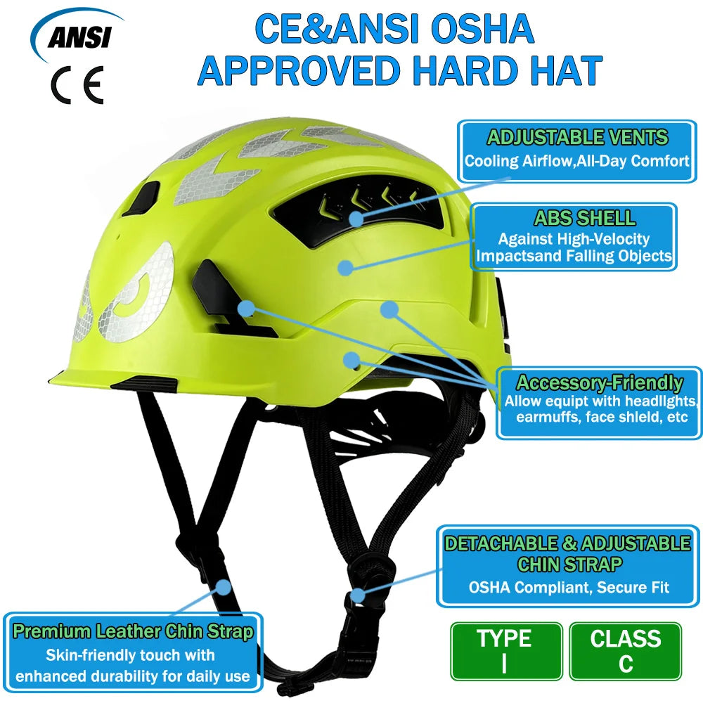 ANSI CE Safety Helmet - Breathable ABS Construction Hard Hat with Sliding Vents & Reflective Stickers