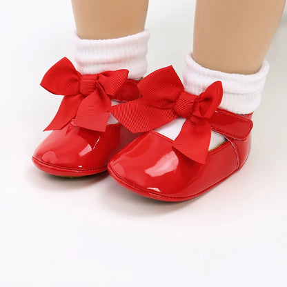 Meckior Baby Girl Shoes – Bowknot PU Ballet Slippers with Rubber Anti-Slip Sole, First Walker Toddler Crib Dress Shoes