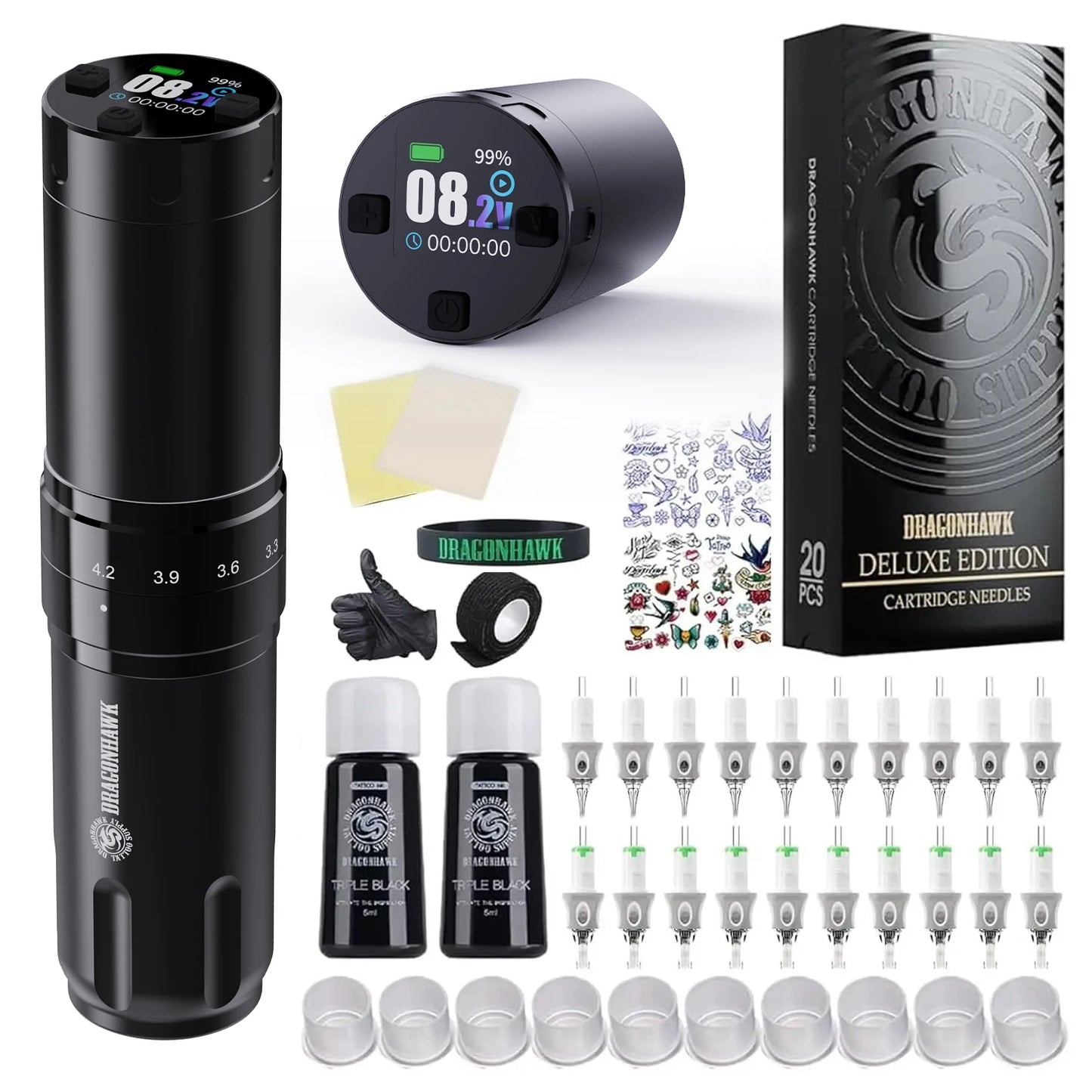 Dragonhawk Fold3 Tattoo Pen Machine - LED Digital Display Wireless 2200mAh Battery for Lining & Shading