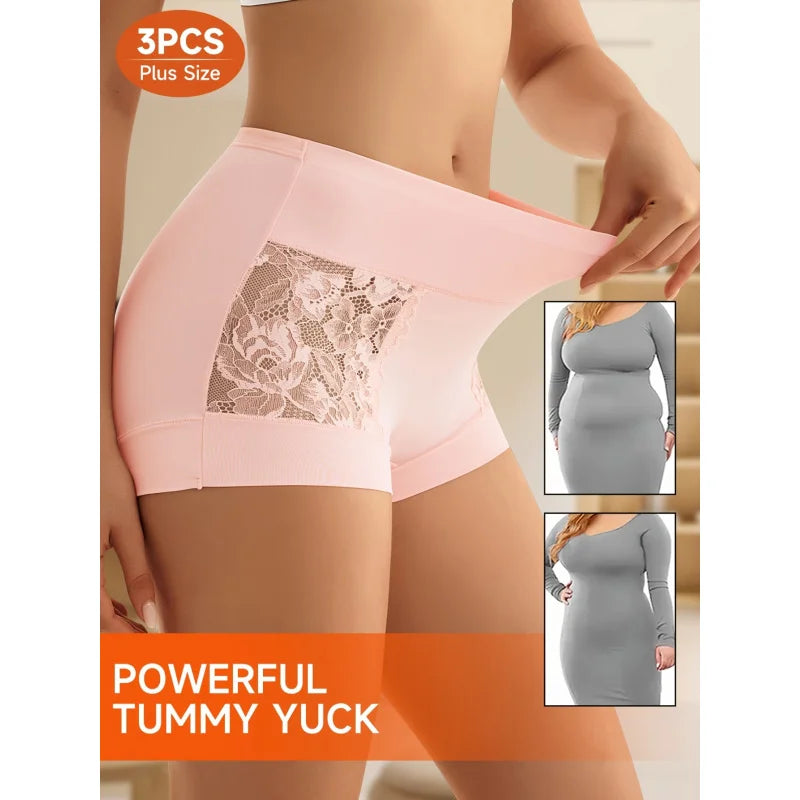 Women’s Plus Size Lace Panties 3-Pack - Breathable Floral Mesh Tummy Control Shaping Briefs for Everyday Comfort