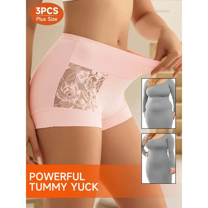Women’s Plus Size Lace Panties 3-Pack - Breathable Floral Mesh Tummy Control Shaping Briefs for Everyday Comfort