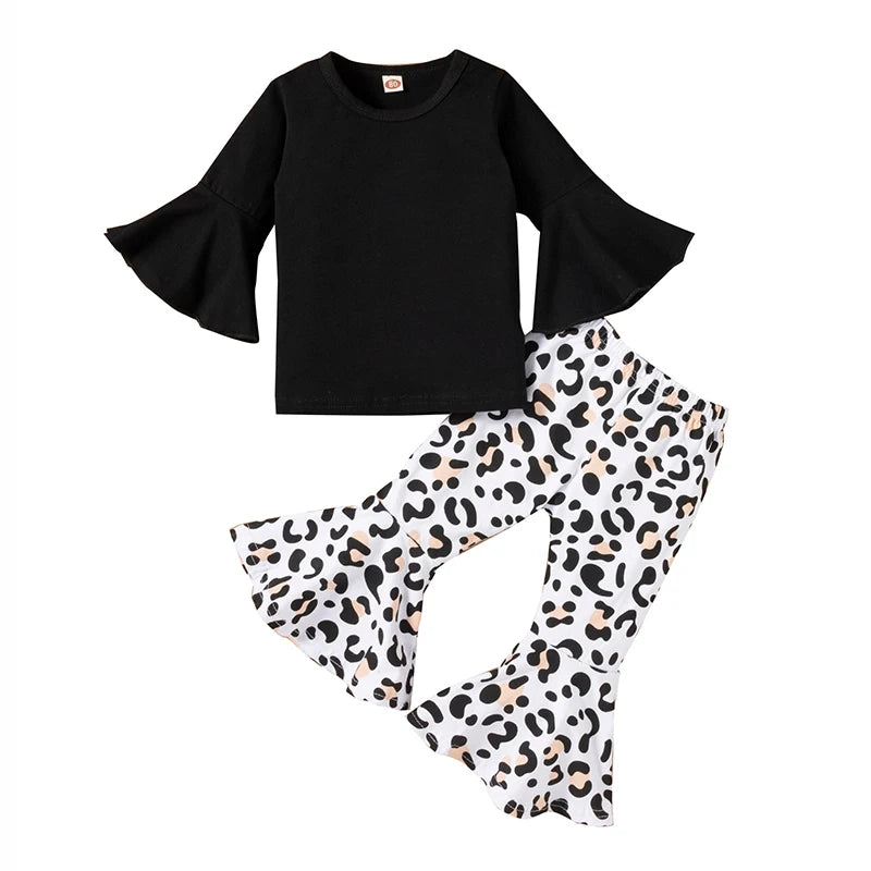 2PCS Baby Girl Clothes Set - Black Pullover Top & Leopard Print Bell-Bottoms, Autumn Outfit for 2-8 Years Old