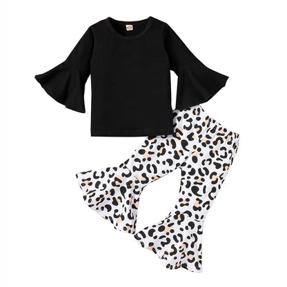 2PCS Baby Girl Clothes Set - Black Pullover Top & Leopard Print Bell-Bottoms, Autumn Outfit for 2-8 Years Old