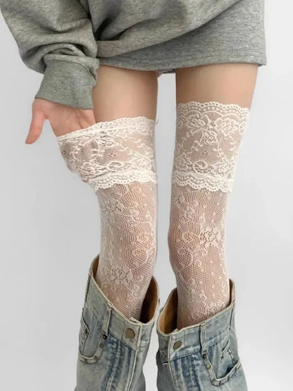 Women's Lace Floral Fishnet Thigh High Socks - Sexy Nylon Mesh Over The Knee Stockings for JK Lolita Style