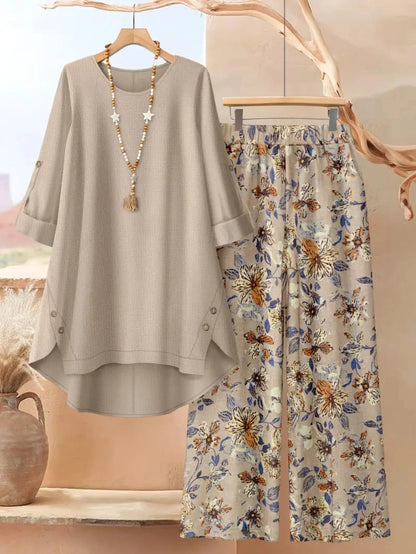 Women's Long Sleeve Top & Floral Wide-Leg Pants Set - Casual Resort Vacation & Everyday Outfit
