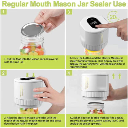 Electric Mason Jar Vacuum Sealer Kit - Cordless Sealer for Wide-Mouth and Regular-Mouth Mason Jars - Ideal for Food Storage