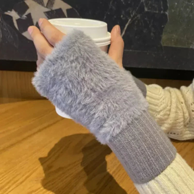 New Mink Fleece Half Finger Gloves for Women - Soft Winter Warmth | Luxury Solid Color Plush Knitted Fingerless Gloves