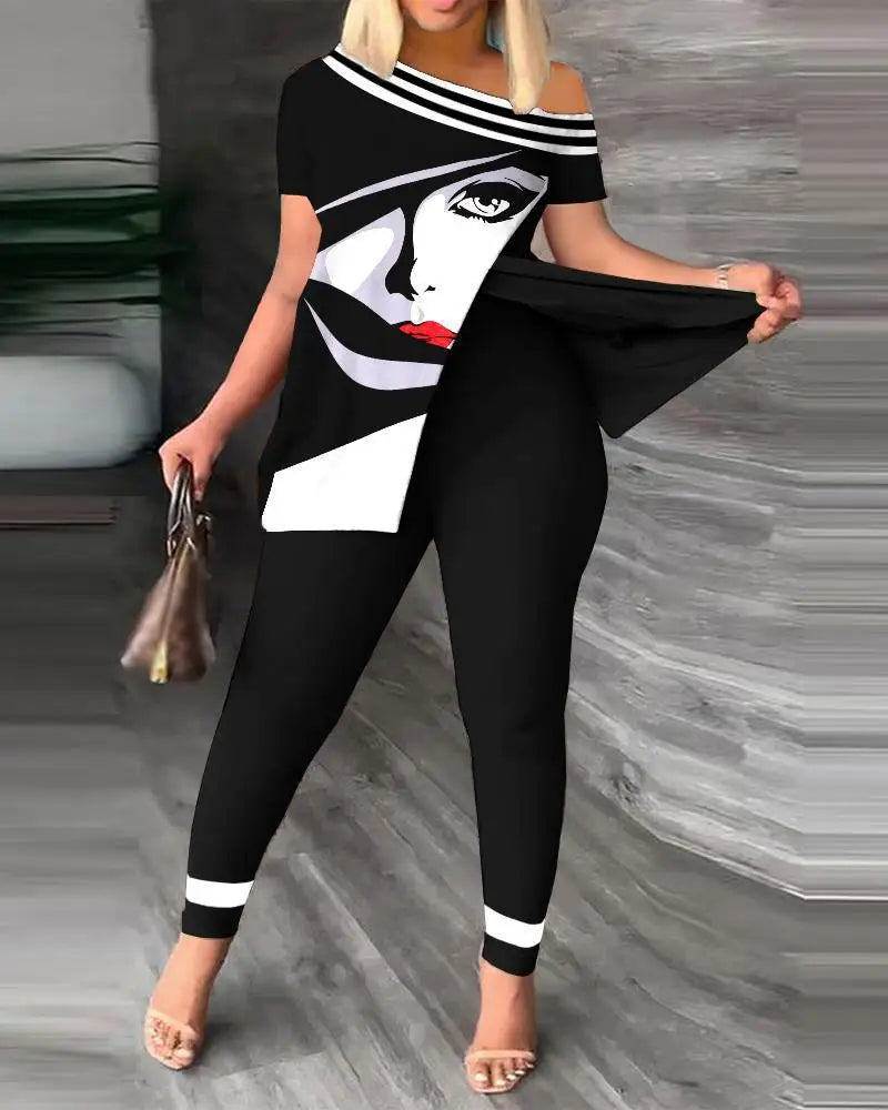 Elegant Women’s Two-Piece Set – Printed Ruffle Sleeve Top & Solid Color Pants with Belt