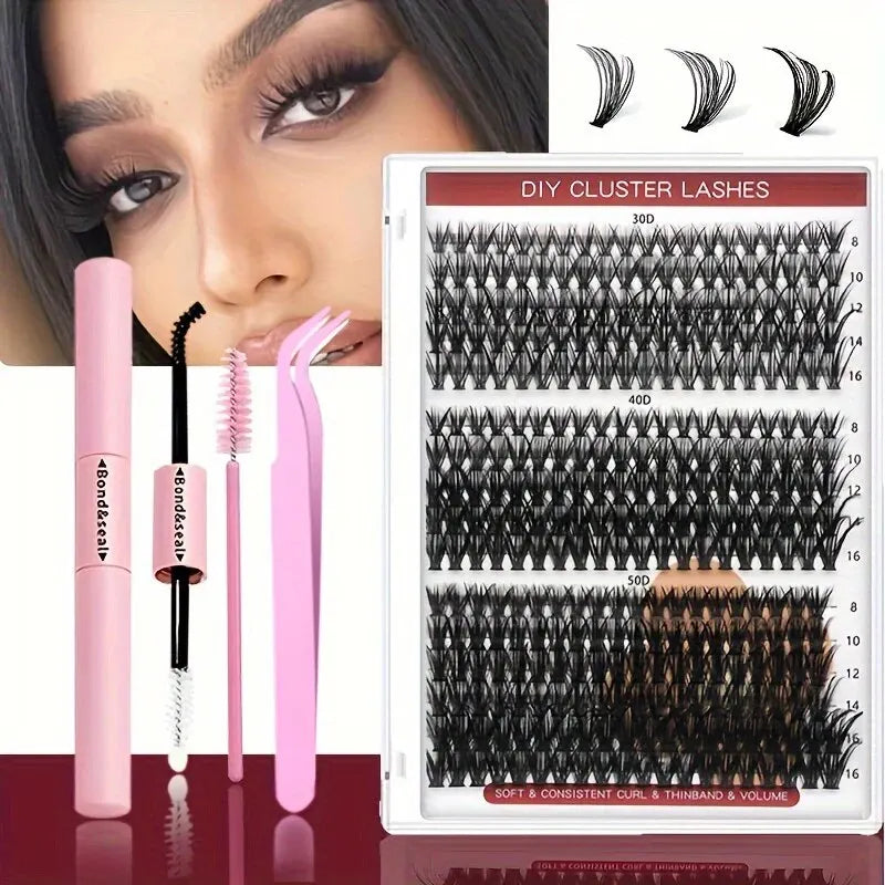 640Pcs Eyelash Extension Kit – D Curl 9-16mm Lash Clusters with Bond & Seal, Tweezers, and Brush