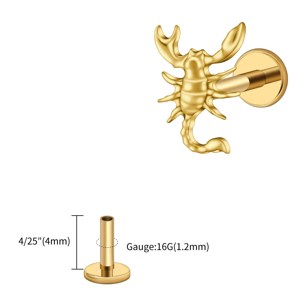 Right Grand ASTM F136 Titanium 16G Scorpion Labret Stud Earring – Flatback Zodiac Design for Tragus, Helix & Cartilage Piercing Body Jewelry