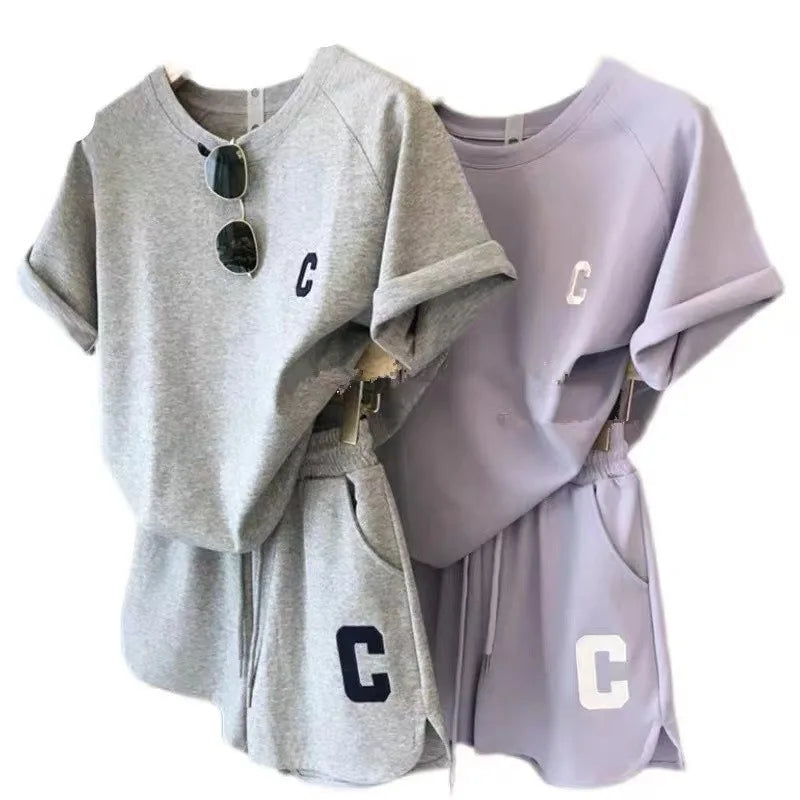 Women's 2-Piece Summer Pajamas Set – Loose Short Sleeve T-Shirt and Casual Shorts with Sports Letter Print, Large Size Homewear