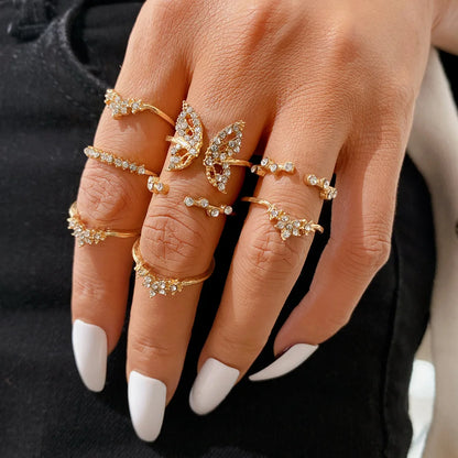 Bohemian Butterfly Pearl Rings Set – Vintage Gothic Plated Retro Rhinestone Finger Jewelry for Women, Gift Idea