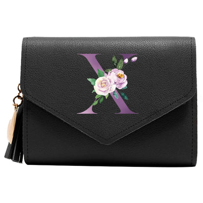 Women's RFID Leather Wallet - Compact Luxury Mini Purse With ID Window, Purple Letter Pattern & Card Holder Design
