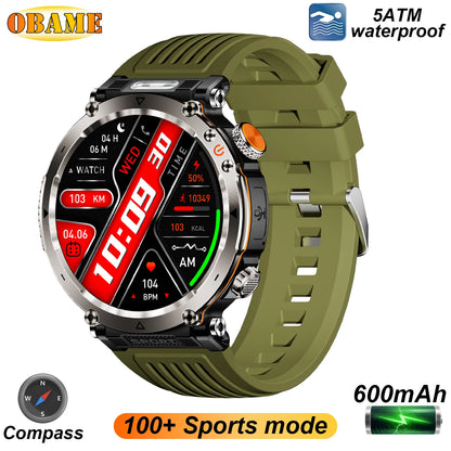 2025 5ATM Outdoor Smartwatch for Men – 600mAh Battery, LED Flashlight, Compass, Bluetooth Call, Heart Rate, IP68 Sports Watch