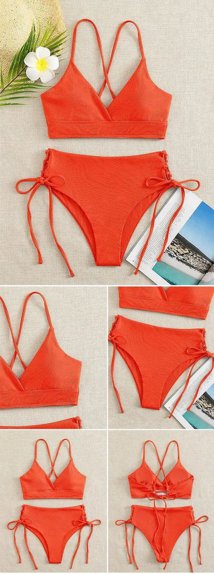 Cikini V-Neck Split Bikini Set – Sexy Lace-Up Triangular Solid Color Swimwear for Women