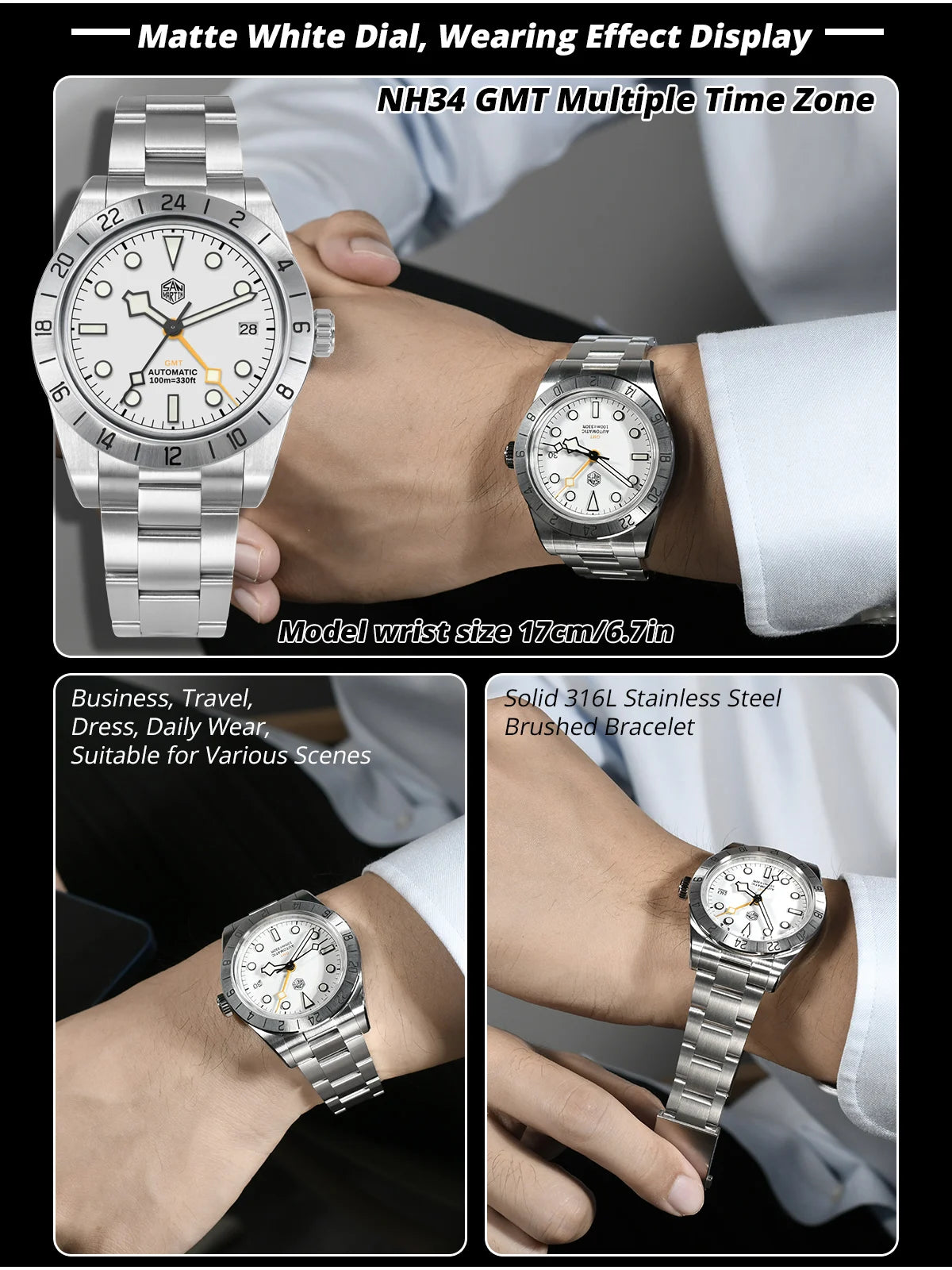 San Martin 39mm NH34 BB GMT Automatic Mechanical Sport Watch — Sapphire Luminous Waterproof 100m for Men Relogio SN0054