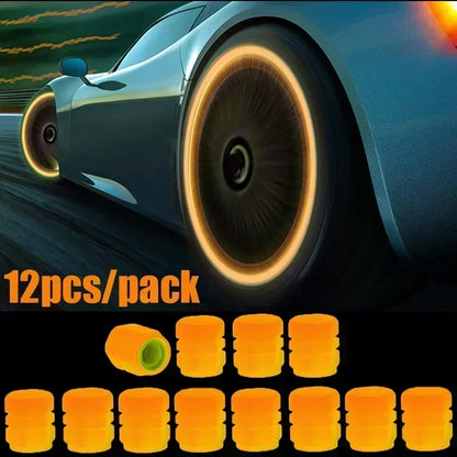 12Pcs Luminous Valve Stem Caps - Fluorescent Night Glowing Wheel Hub Caps for Motorcycle, Bicycle and Car Tyres