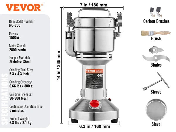 SucceBuy 150-2500g Electric Grain Mill Grinder – Commercial Spice & Herb Grinder for Coffee, Corn & Cereals