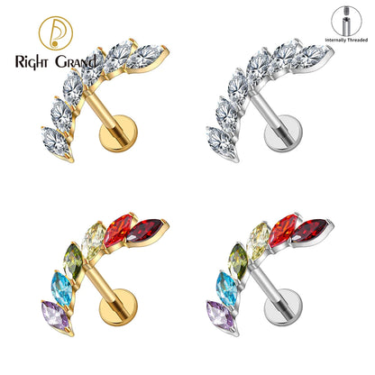 Right Grand ASTM F136 Titanium 16G Ear Climber CZ Cartilage Earring – Curved Marquise Helix, Tragus & Labret Flat Back Piercing Stud
