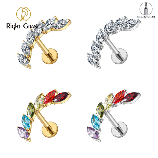 Right Grand ASTM F136 Titanium 16G Ear Climber CZ Cartilage Earring – Curved Marquise Helix, Tragus & Labret Flat Back Piercing Stud
