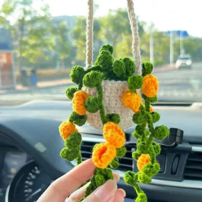 Cute Crochet Potted Plants Car Basket – Hanging Car Decor & Rear View Mirror Ornament Accessories