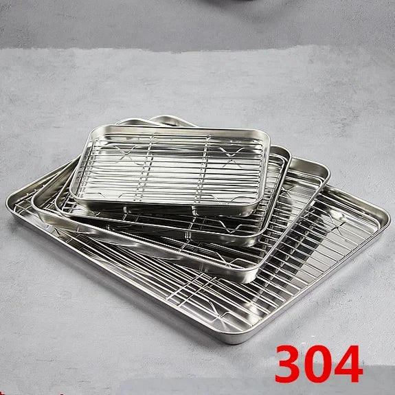 304 Stainless Steel Baking Tray with Wire Rack — Cake, BBQ, Oven, Roasting & Grilling Pan Tool