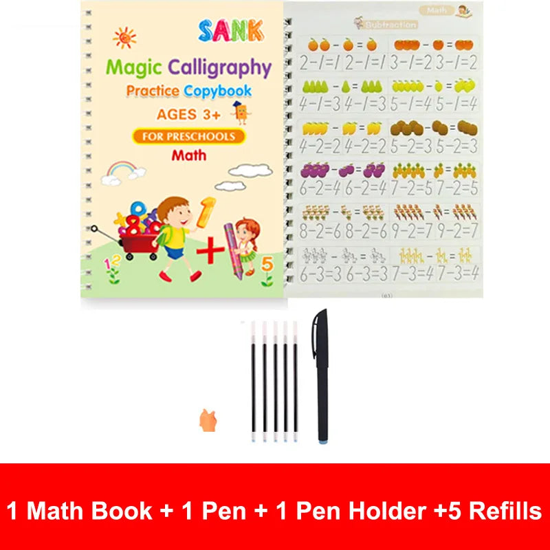 4-Piece Magic Practice Copybook Set with Pen — Reusable English Calligraphy Writing Book for Kids & Preschoolers