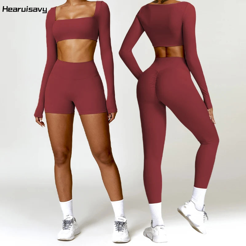 Hearuisavy 2PCS Long Sleeve Gym Set for Women, Quick-Drying Yoga Clothes, Sportswear, Running Leggings, Workout Sports Crop Top