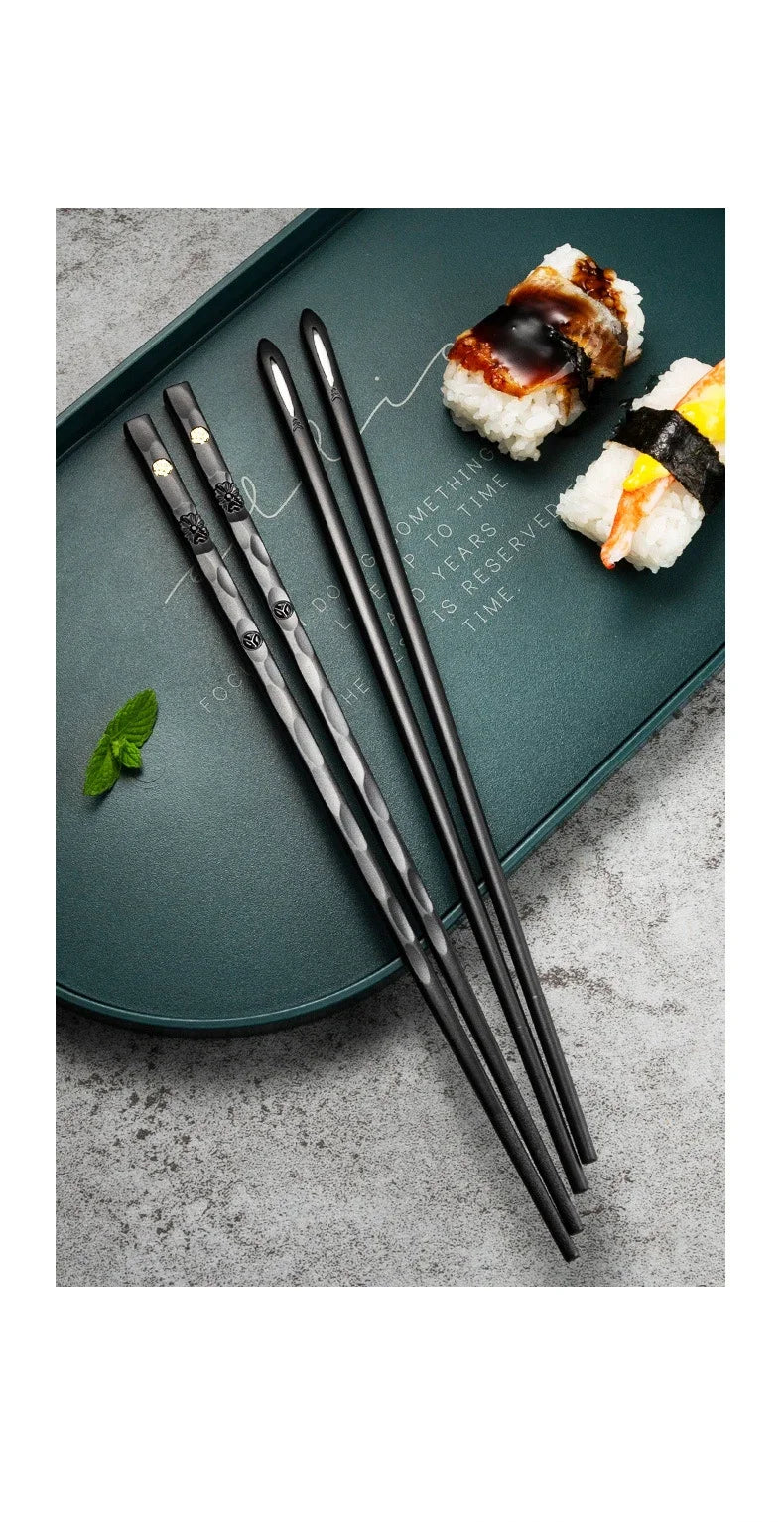 5 Pairs Japanese Reusable Chopsticks – Black Sushi Sticks for Food, Noodles, Alloy Chinese & Korean Kitchen Tableware