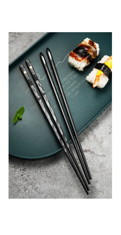 5 Pairs Japanese Reusable Chopsticks – Black Sushi Sticks for Food, Noodles, Alloy Chinese & Korean Kitchen Tableware