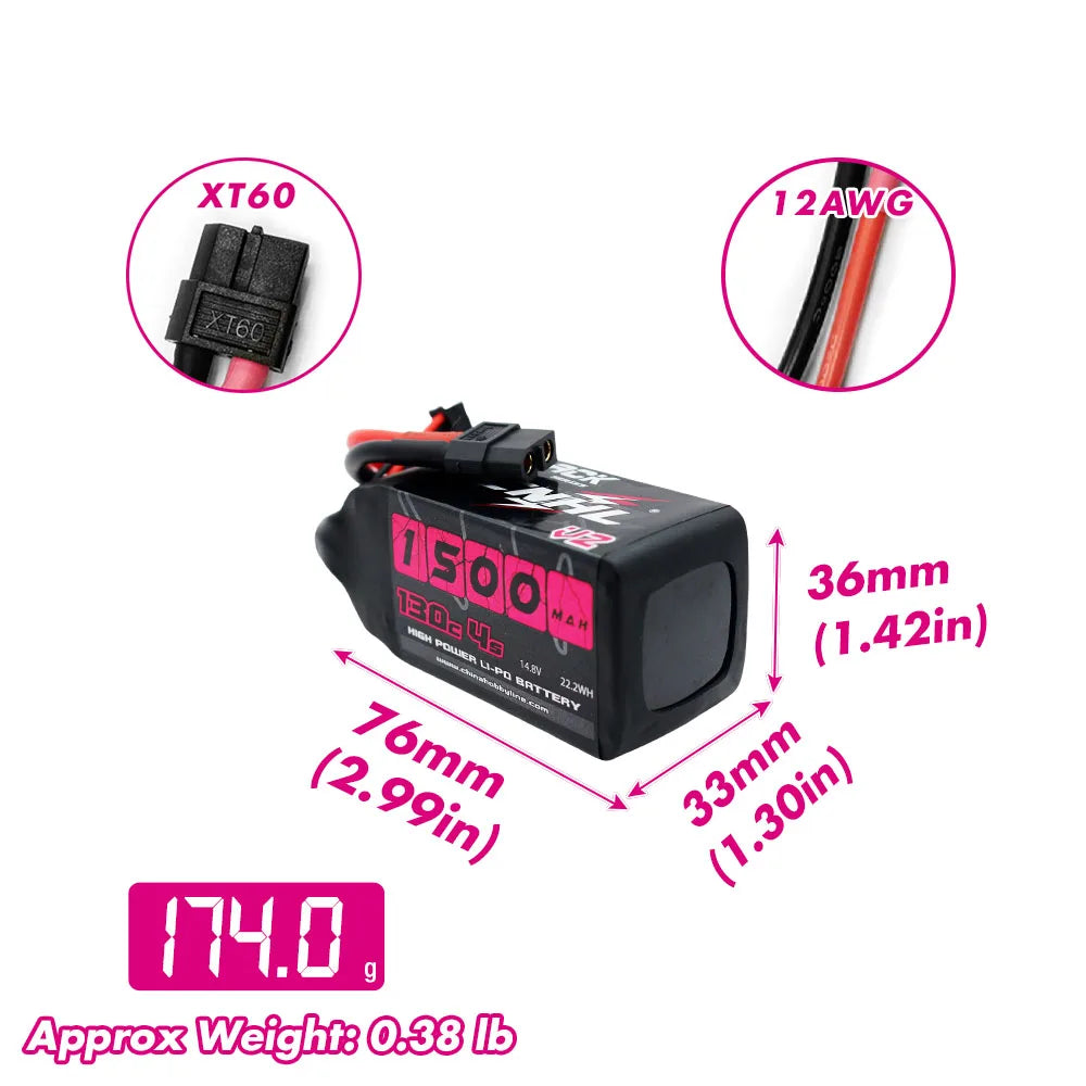 2PCS CNHL 4S 14.8V LiPo Battery – 1100mAh/1300mAh/1500mAh 130C with XT60 Plug for FPV Drone, Quadcopter, Airplane & Helicopter Hobby