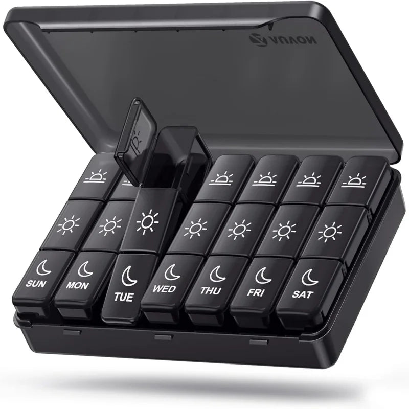 Weekly Pill Organizer – 21/3 Grid Black Plastic Medicine Storage Box, Portable Pill Case