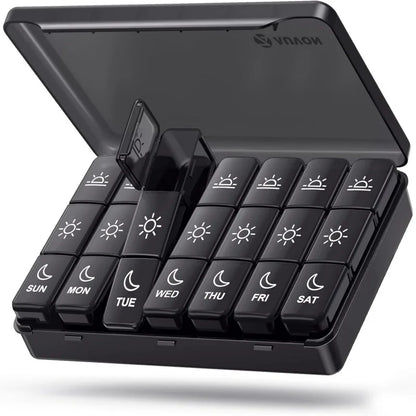 Weekly Pill Organizer – 21/3 Grid Black Plastic Medicine Storage Box, Portable Pill Case